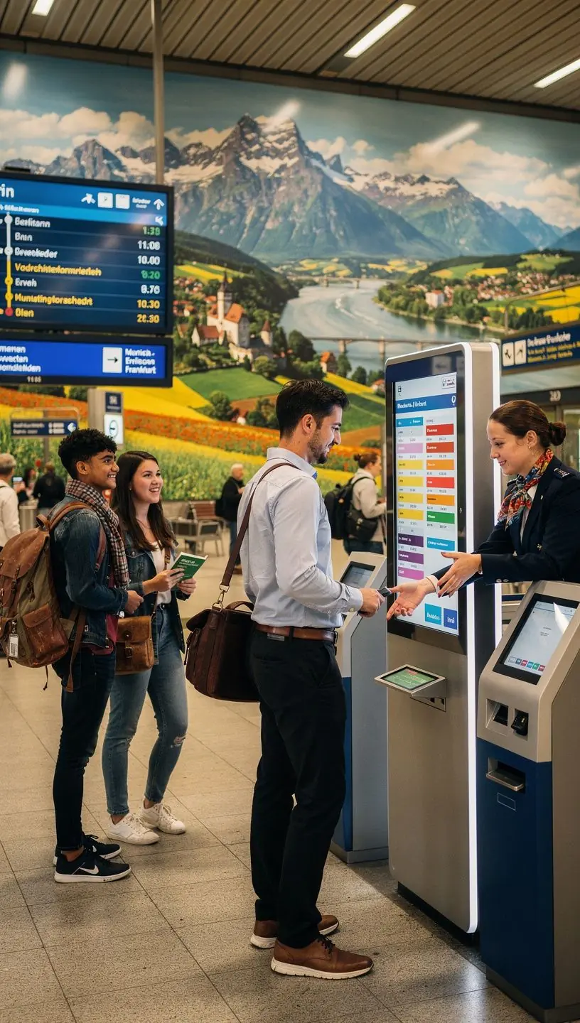 Reisende nutzen Smartphone-App für Kombitickets und lokale Erlebnisse in einer deutschen Stadt