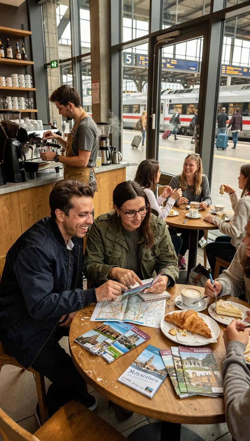 Informationsschalter mit freundlichem Personal, das Reisenden bei Fahrplänen und Ausflugszielen hilft