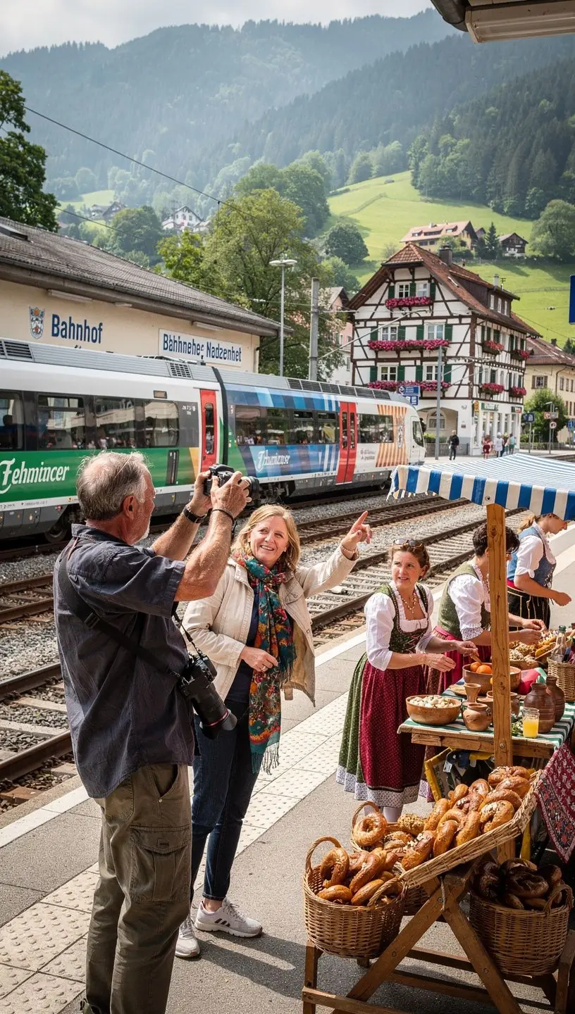 Panorama eines regionalen Bahnknotens mit Verbindung zu Sehenswürdigkeiten und Nahverkehrsmitteln